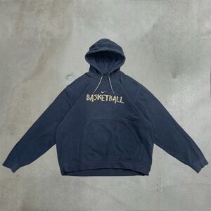 VTG Nike Basketball Hoodie Mens L Navy Blue Distressed Center Swoosh Pullover